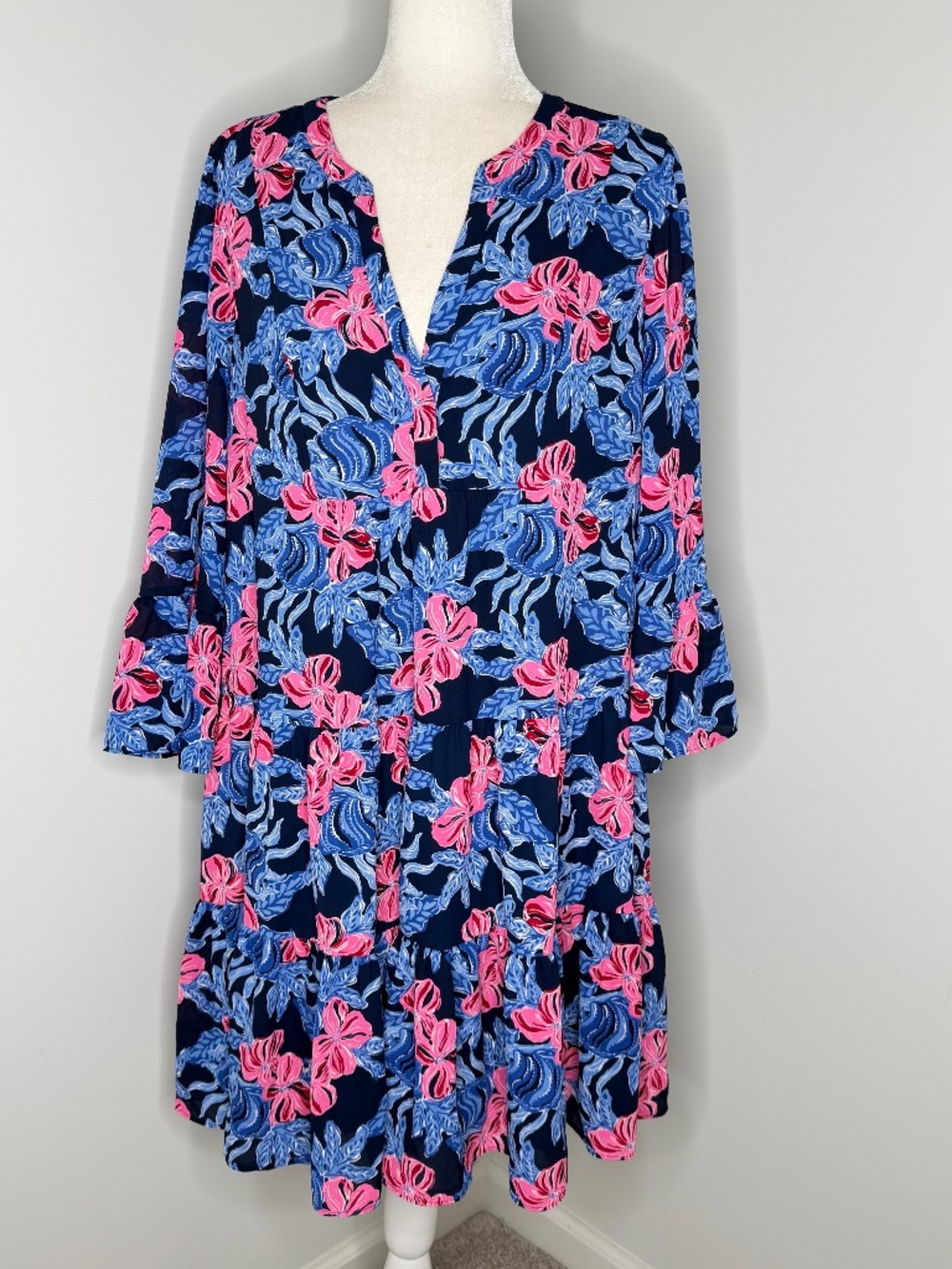 Lilly Pulitzer Gabriel Floral Tiered Mini Dress Low Tide Navy 14